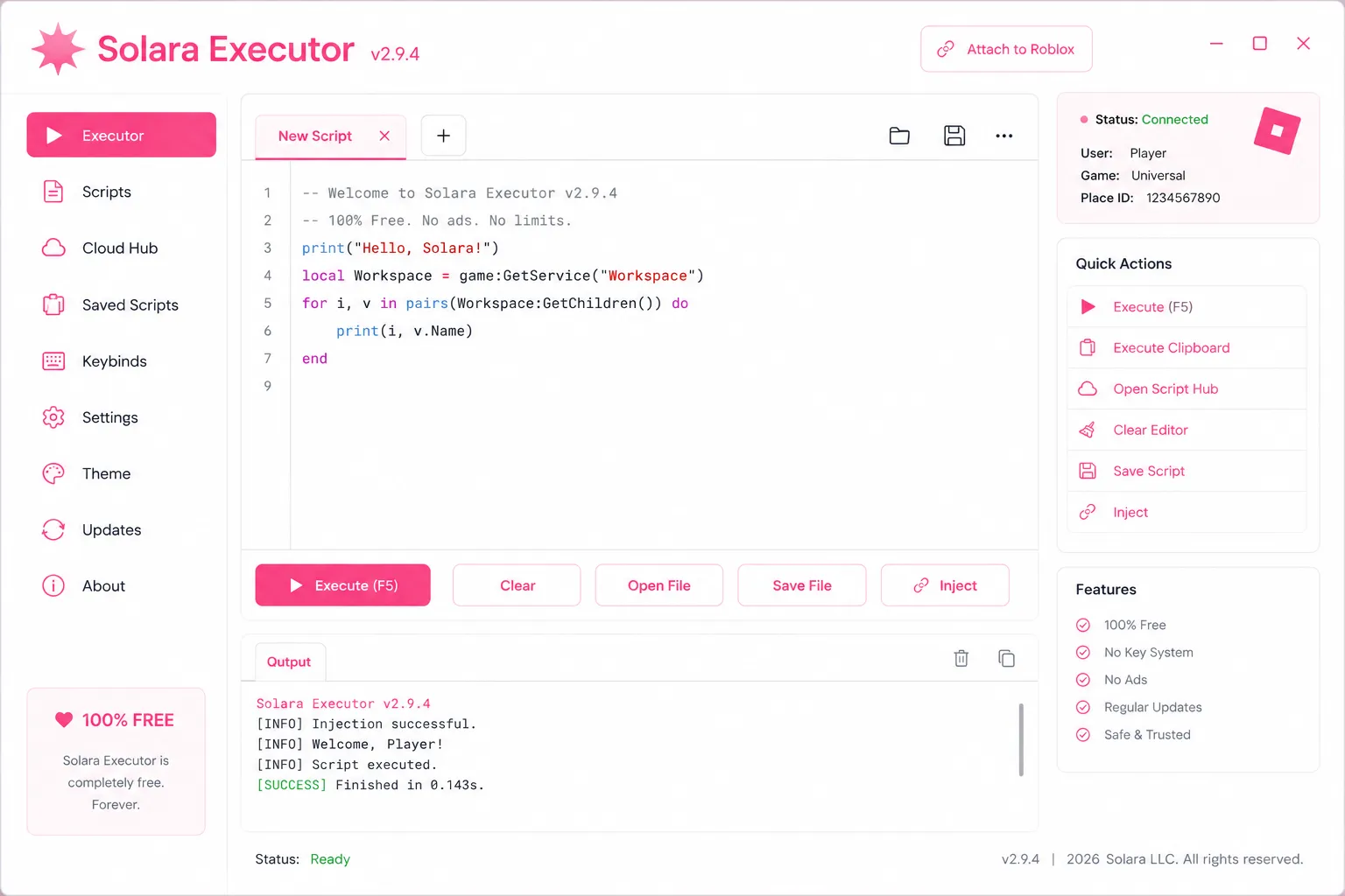 Solara Executor v2.9.4 — script execution panel, Cloud Hub, and output console