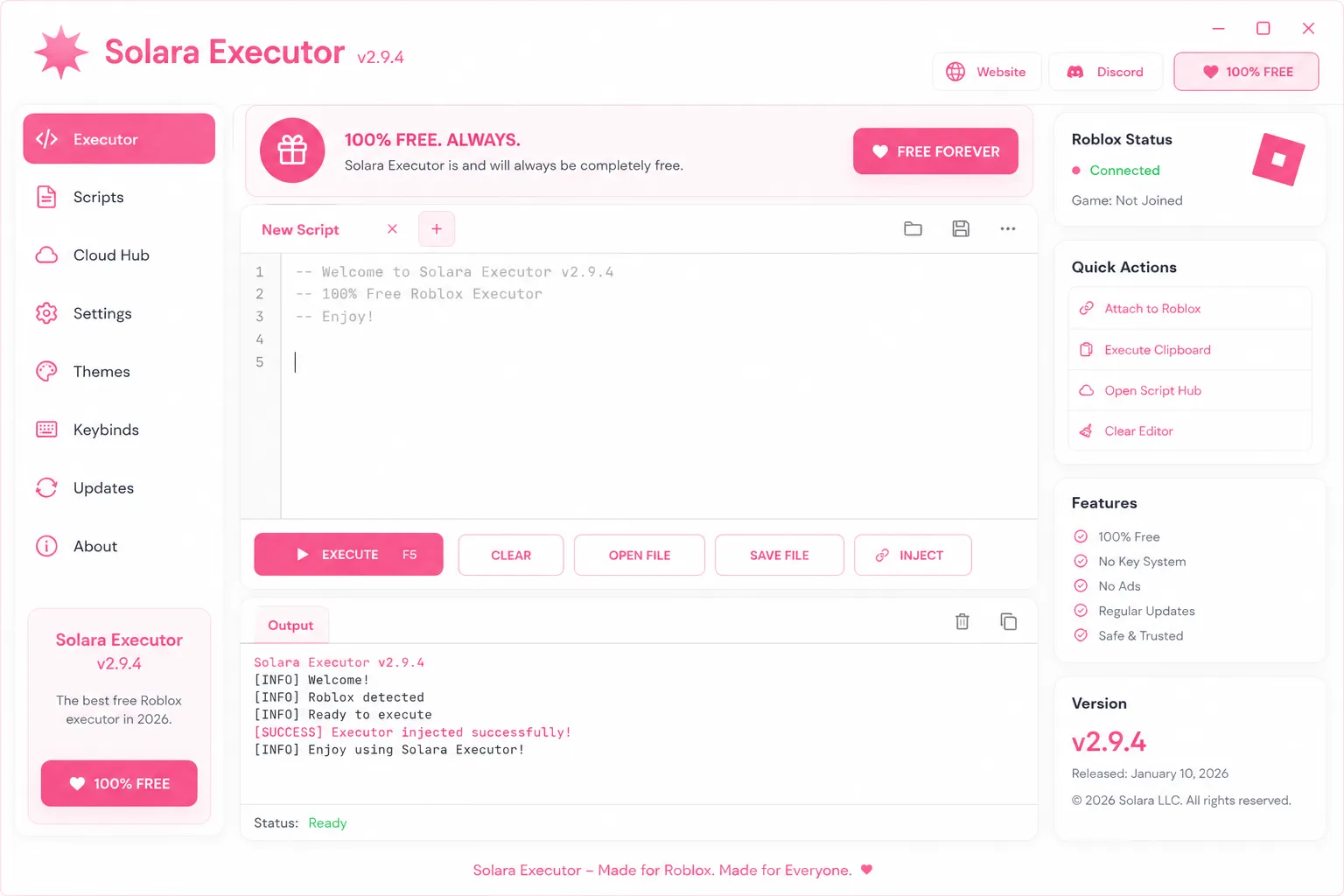 Solara Executor v2.9.4 full interface — executor tab, scripts sidebar, Cloud Hub, output console and status panel